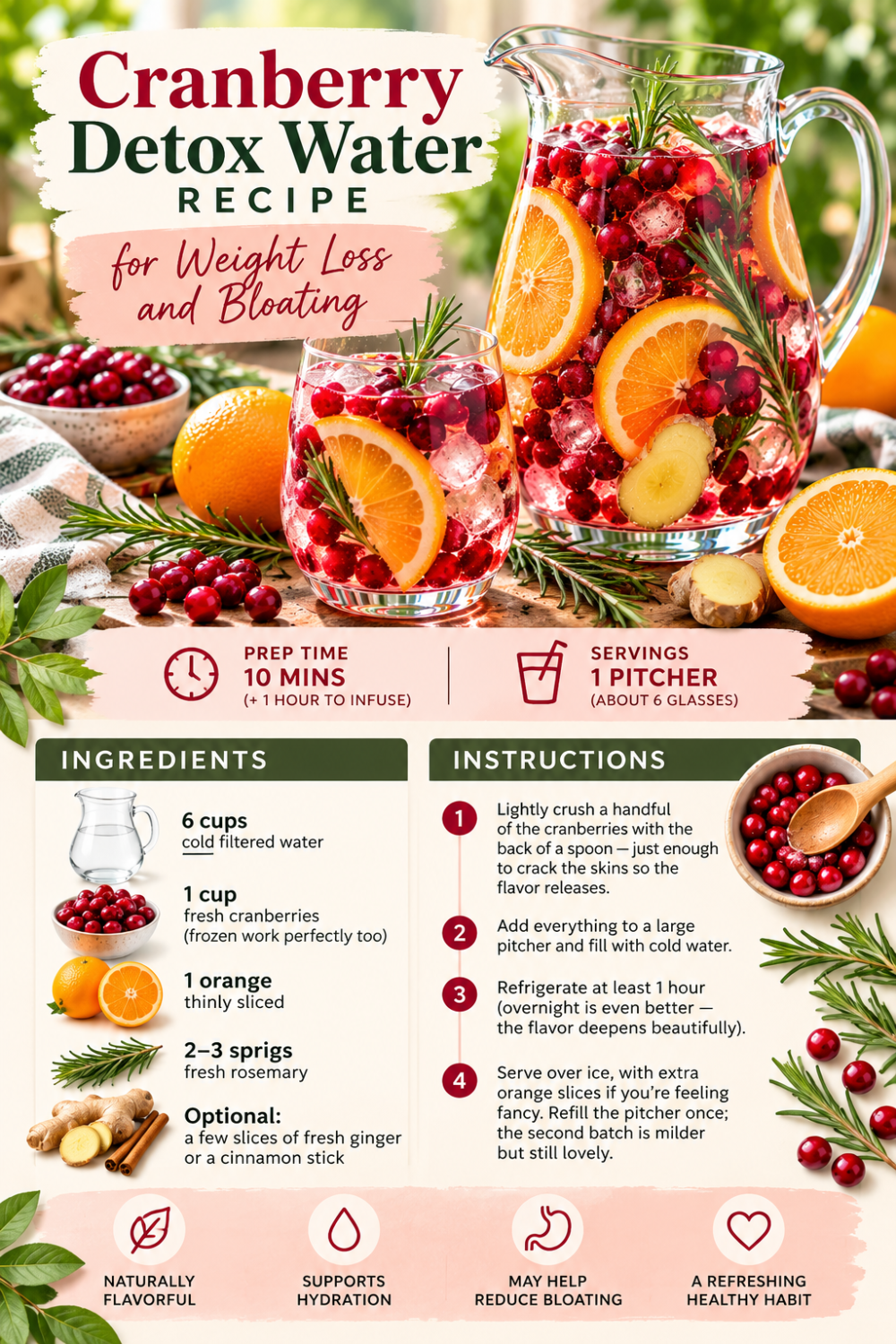 Cranberry detox water recipe with fresh cranberries, lemon, cucumber and mint in a glass pitcher.