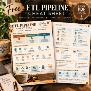 Free ETL Pipeline Cheat Sheet explaining extract transform load, ETL vs ELT and data pipelines