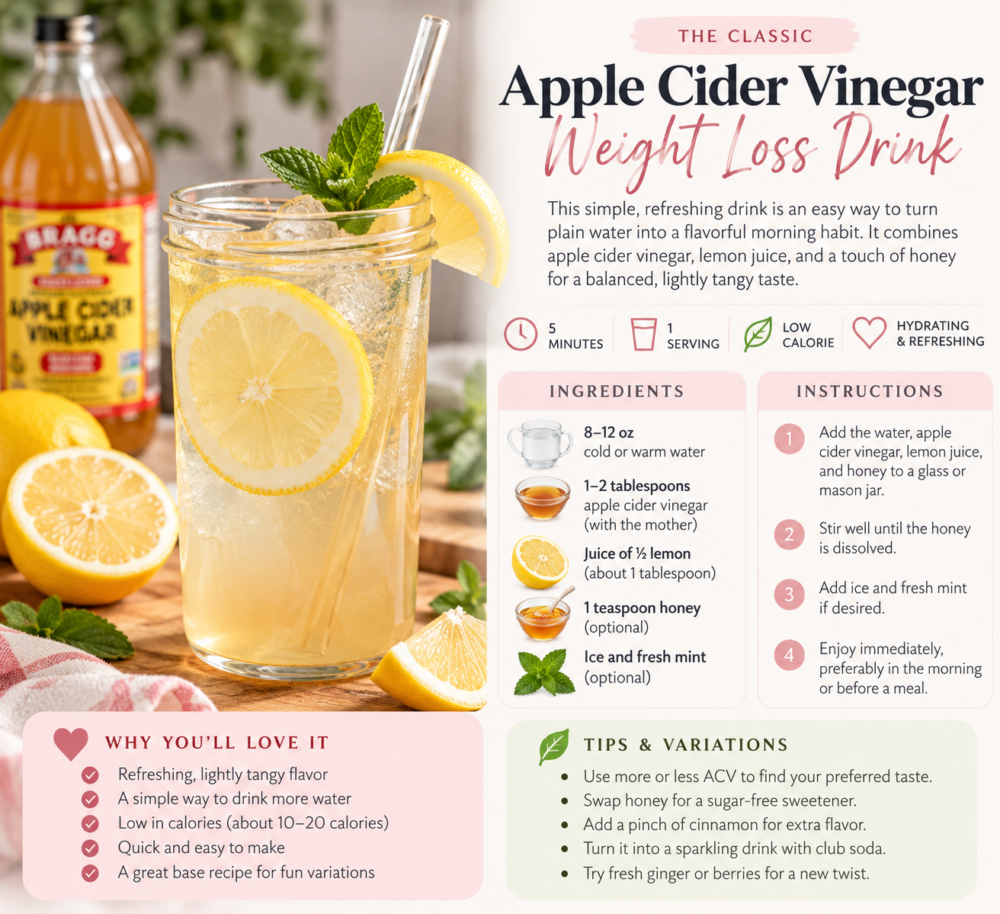 Apple cider vinegar weight loss drink recipe card with lemon, honey, water, and mint