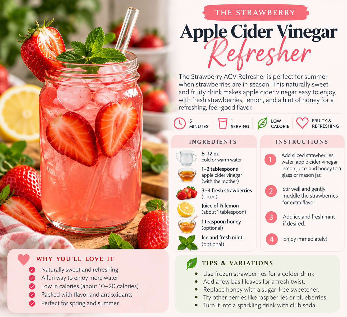 Strawberry apple cider vinegar drink recipe with fresh strawberries, lemon, mint, and ice