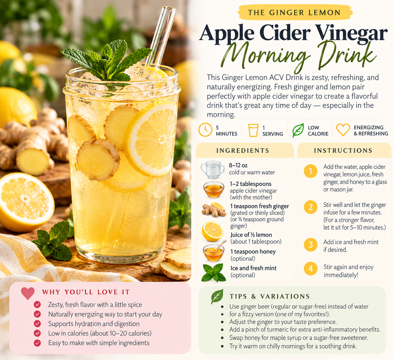 Ginger lemon apple cider vinegar morning drink with fresh ginger, lemon, mint, and ice