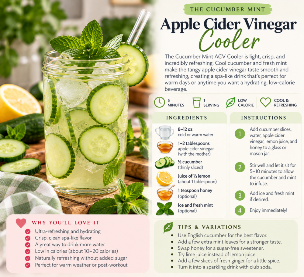 Cucumber mint apple cider vinegar drink with fresh cucumber, lemon, mint, and ice