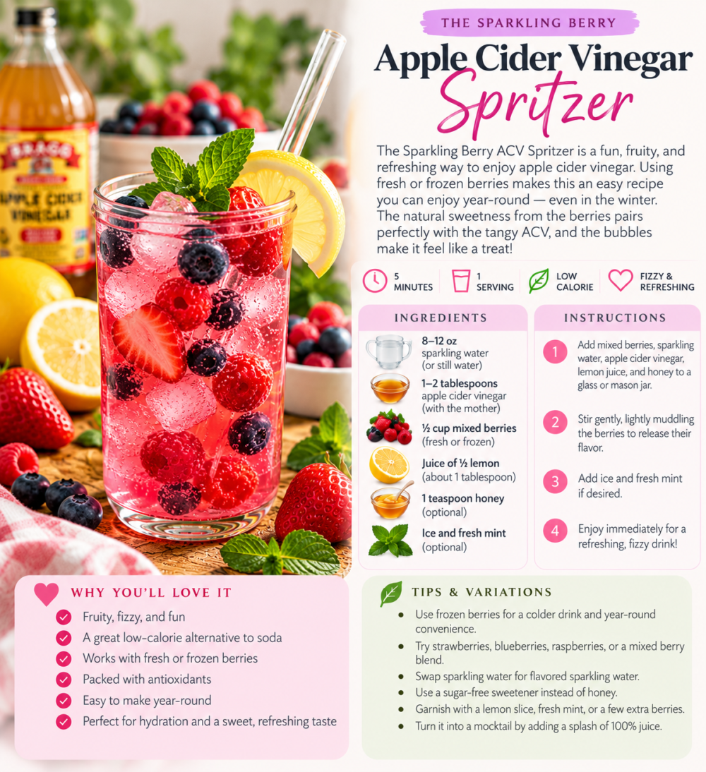 Sparkling berry apple cider vinegar drink with mixed berries, lemon, mint, and sparkling water