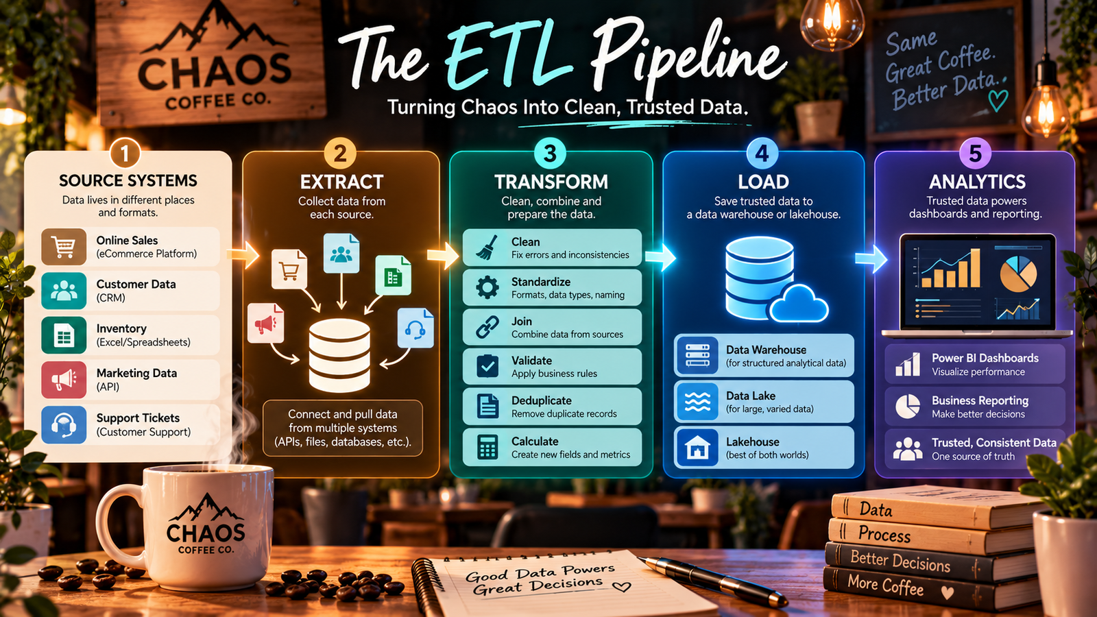 ETL pipeline example showing data moving through extract, transform and load into analytics
