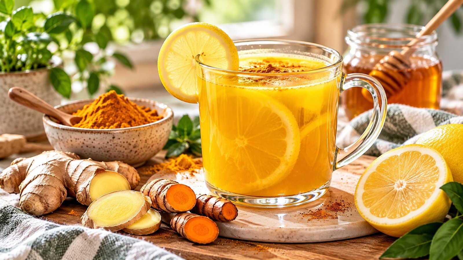 Turmeric ginger morning drink made with fresh ginger, turmeric, lemon and honey in a glass mug.