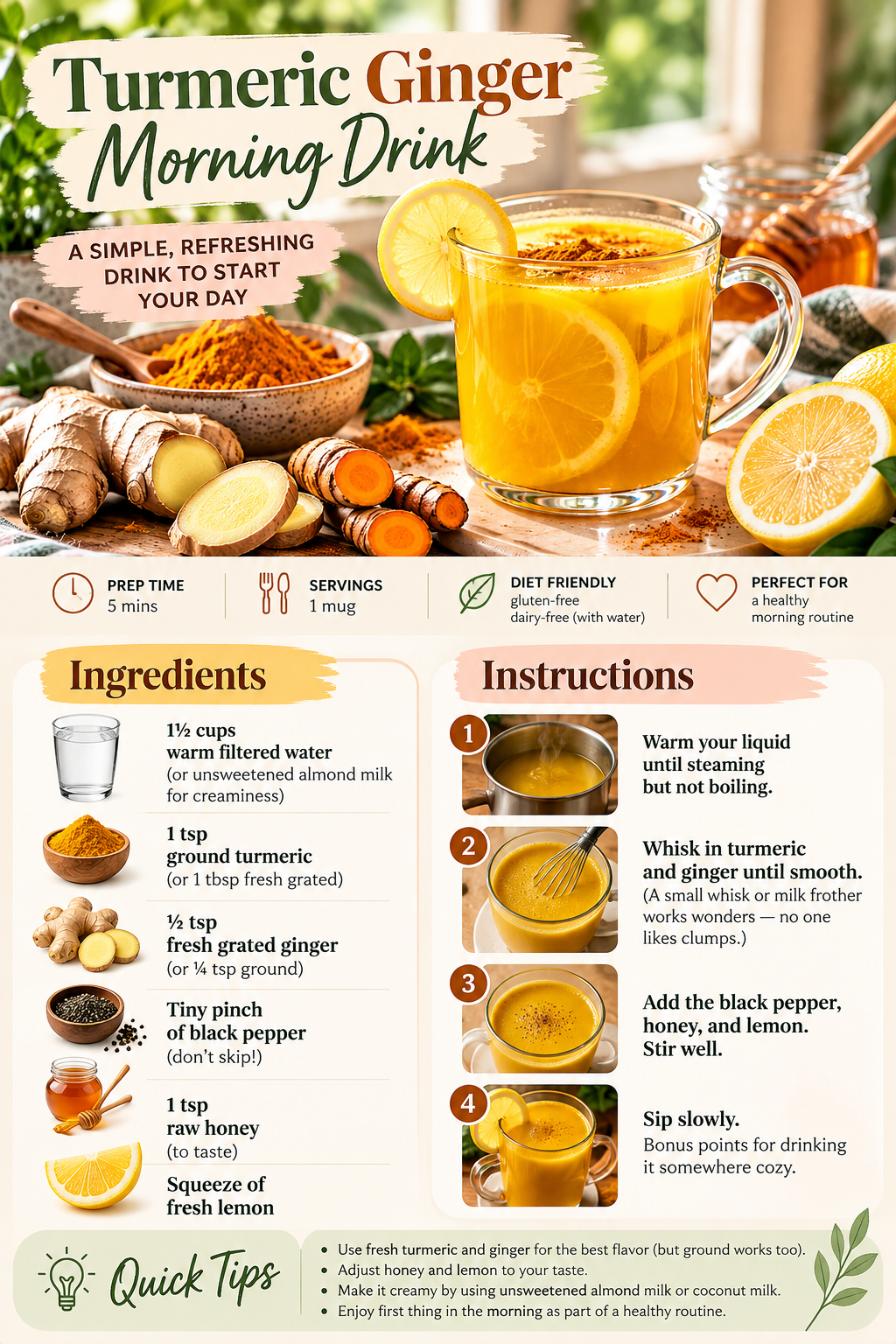 Turmeric ginger morning drink recipe card with turmeric, fresh ginger, black pepper, honey and lemon.